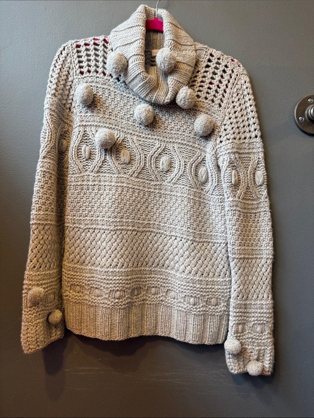 Malo light gray Cable Knit Cowl Sweater with Pom-Poms 100% cashmere